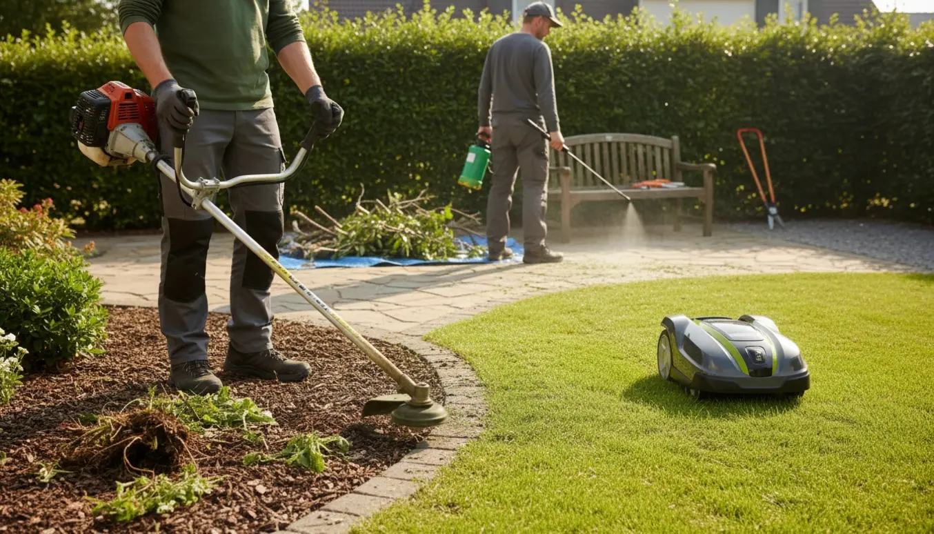 Gloved hænder bruger kanttrimmer ved siden af en robotplæneklipper, sprøjteudstyr og nyslået, velplejet have.