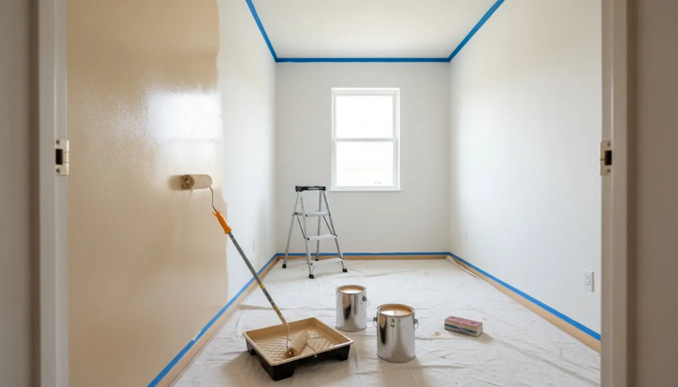 Tom værelse under maling med rulle, malerbøtter og afdækningsdug, hvor en væg har et frisk lag maling.