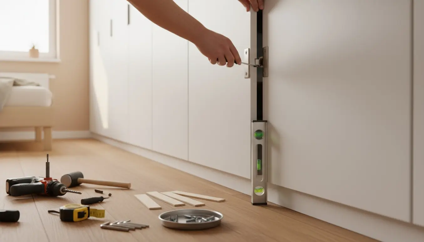 Hænder justerer hængslet på en række hvide IKEA PAX-garderobedøre med værktøj på gulvet.