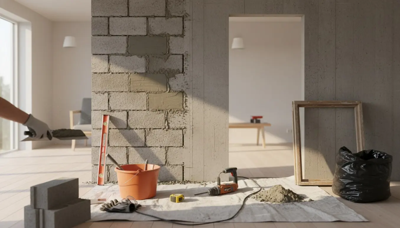 Indvendigt murarbejde: tætning af dørhul i betonvæg med mørtel, mens nyt dørhul forberedes.