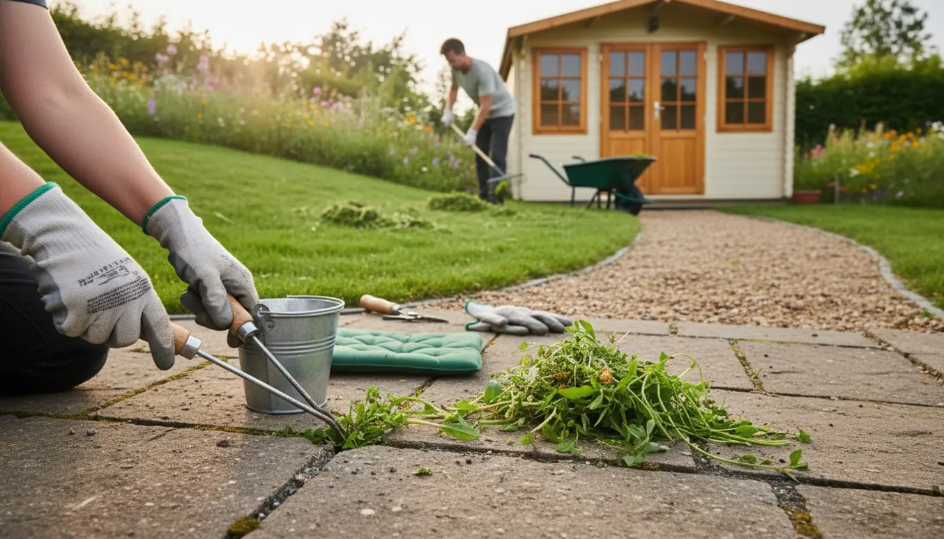 En person fjerner ukrudt mellem fliser og på en skråning ved et sommerhus.