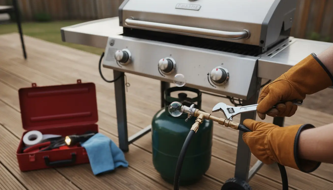 Nærbillede af handsker, der monterer en ny gasslange og regulator på en gasgrill med sæbebobler omkring forbindelsen.