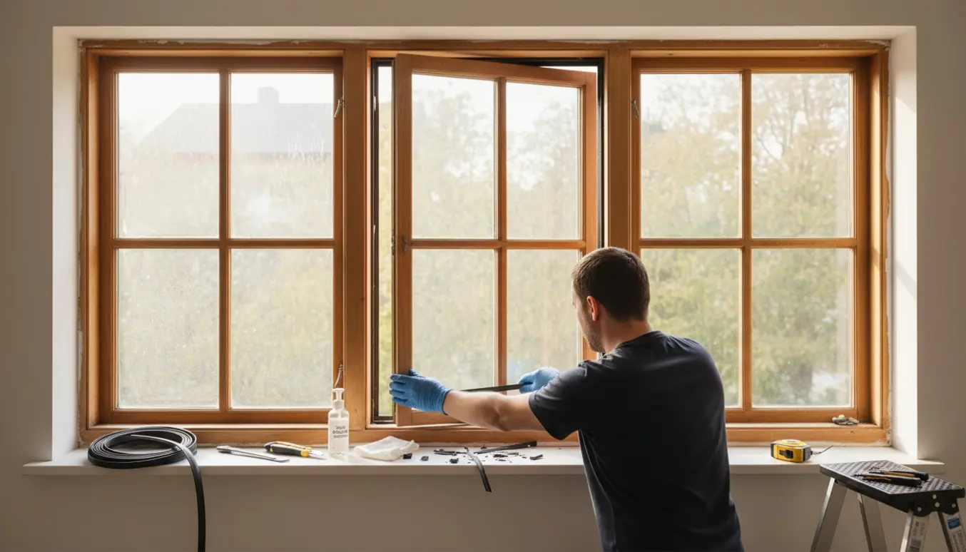 Hænder, der udskifter tætningslister på midtervinduet af tre i et lyst hjem.