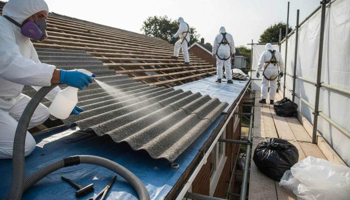 Arbejdere i beskyttelsesdragter fjerner bølgeeternit fra et 60'er hus med afdækning og sikkerhedsudstyr.