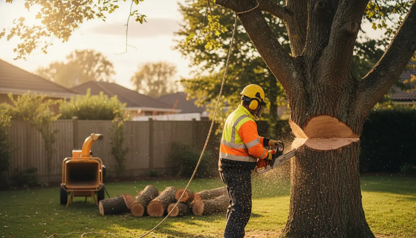 Arborist fælder et træ i en have med motorsav, savsmuld og stammer i baggrunden.