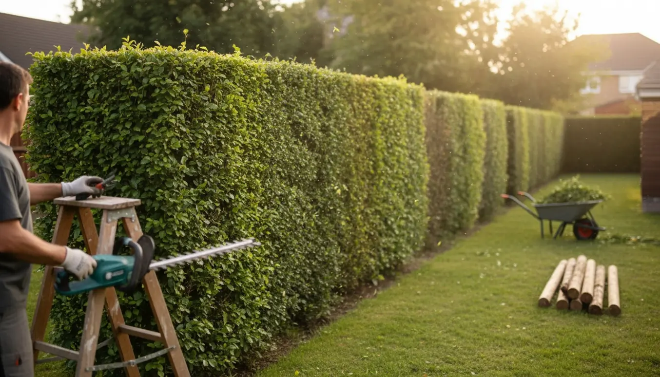 Lang bøgehæk klippes med elektrisk hækkeklipper og stige, afklip ligger i trillebør på en solrig grund.