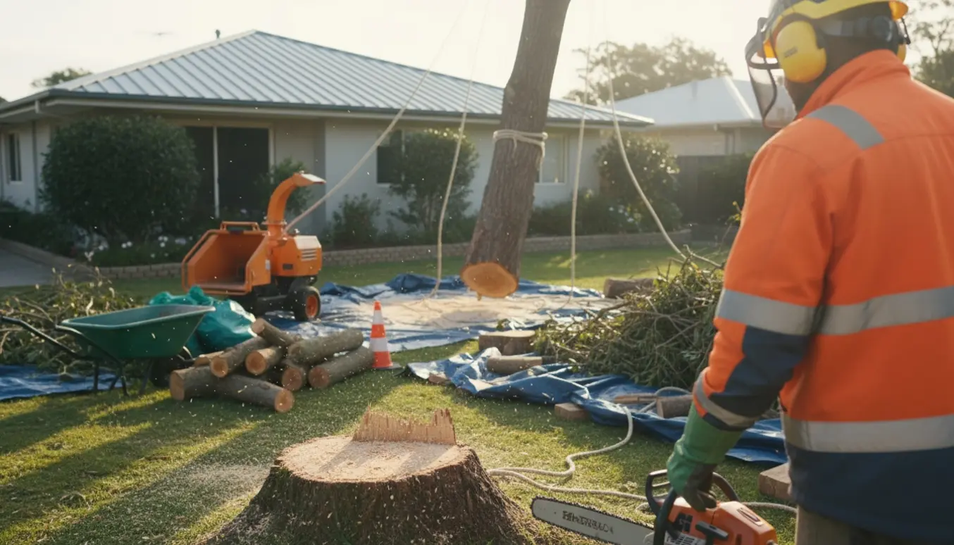 Træfældning tæt ved et hus med motorsav, savsmuld og stablede brædder klar til bortskaffelse.