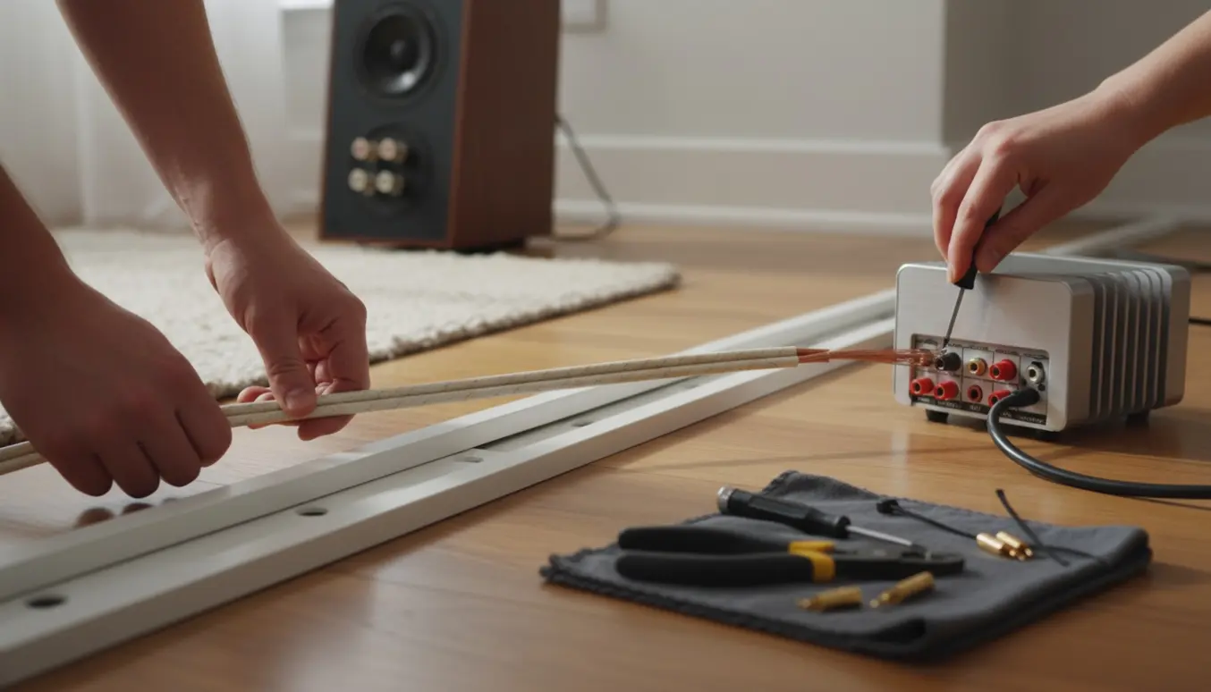 Hænder trækker nyt højtalerkabel gennem en kabelskjuler og tilslutter det til et musikanlæg.