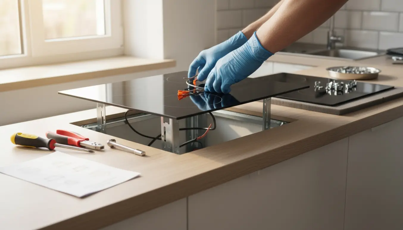 Nærbillede af montering af en sort induktionskogeplade i en køkkenbordudskæring, hænder arbejder med værktøj.