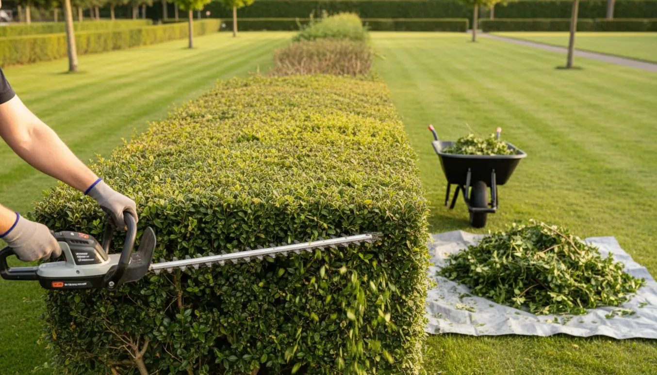 Lang ligusterhæk på omkring 45 meter bliver professionelt klippet på begge sider og ovenpå, med afklip samlet i en trillebør.