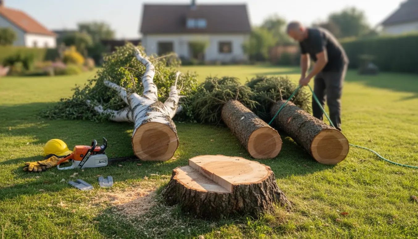 Fældede birke- og granstammer ligger på en havegrund ved siden af en motorsav og savsmuld.