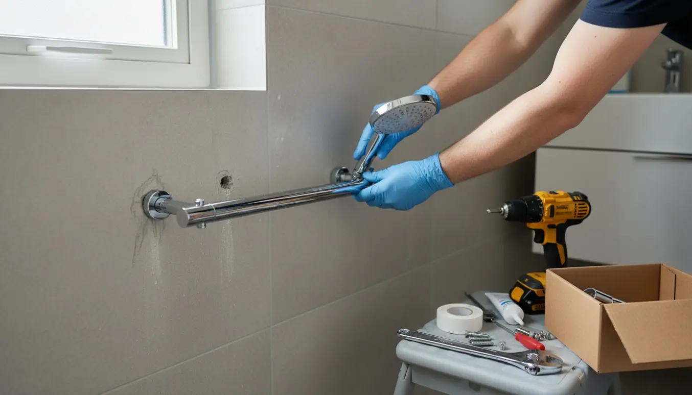 Handskerede hænder holder en ny krom brusestang op mod flisevæggen med værktøj og emballage ved siden af.
