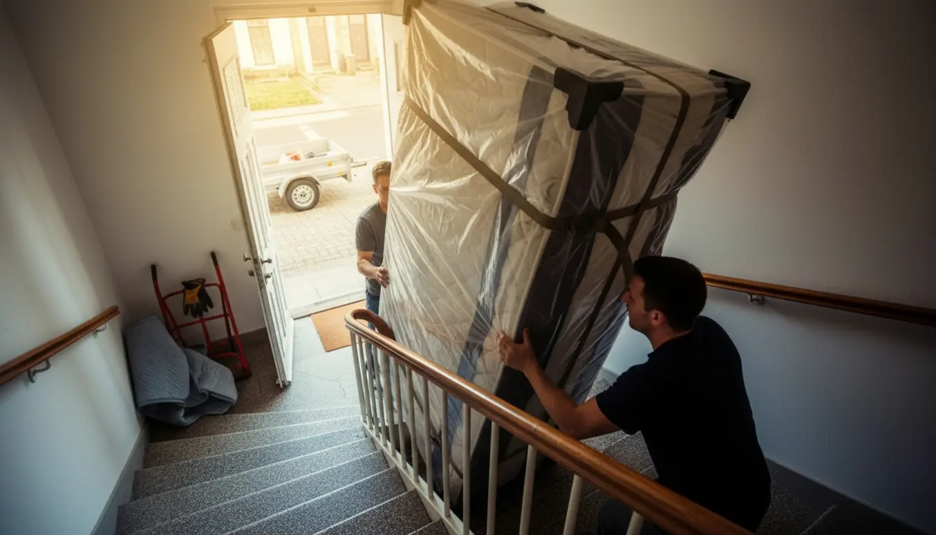 To flyttemænd og en hjælper bærer en indpakket boxmadras op ad en snørklet, smal trappe med en trailer synlig udenfor.