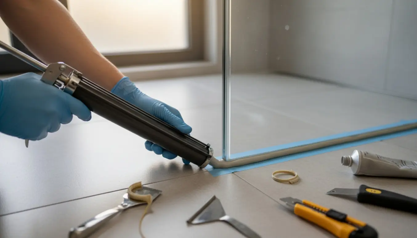 Tæt billede af handskerede hænder, der med fugepistol lægger ny grå silikone i bunden af en brusekabine.