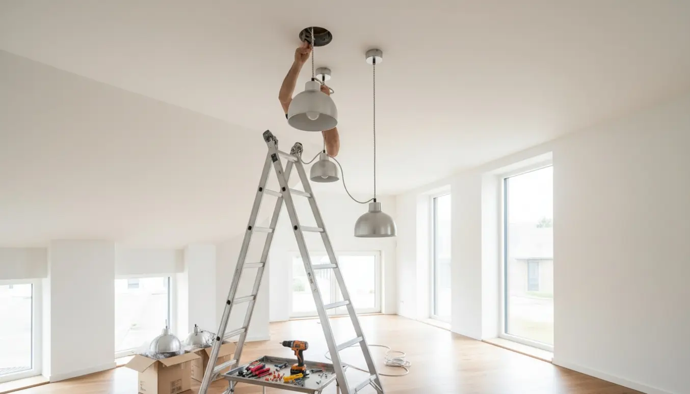 Hænder på en høj stige opsætter en stor pendellampe under et højt loft, med to små lamper og værktøj klar på gulvet.