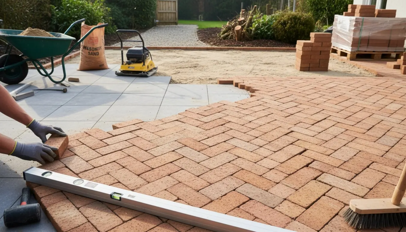 Terrasse under etablering med nye teglsten lagt på eksisterende fliser og et forberedt udvidelsesområde.