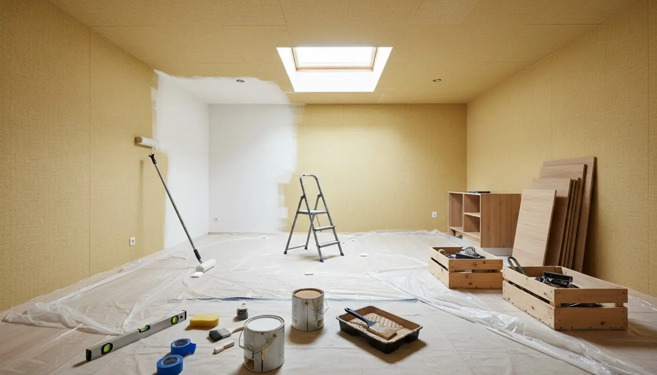 Tom køkken-alrum med ovenlys, malerudstyr og delvist grundede vægge klar til maling.