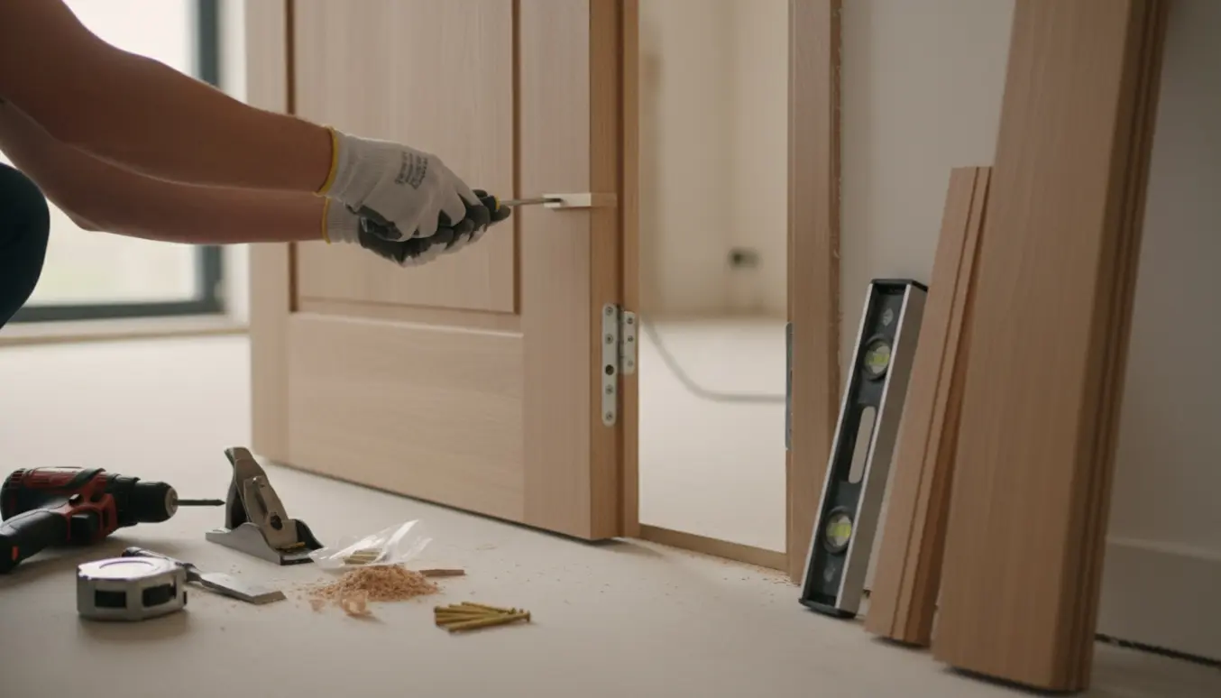 Hænder justerer en ny dør og monterer karme med værktøj i et lyst hjem.