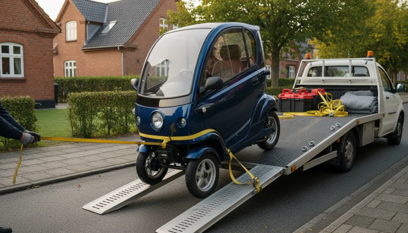 Kabinescooter bliver spændt fast på en lav autotransportvogn i morgenlys.