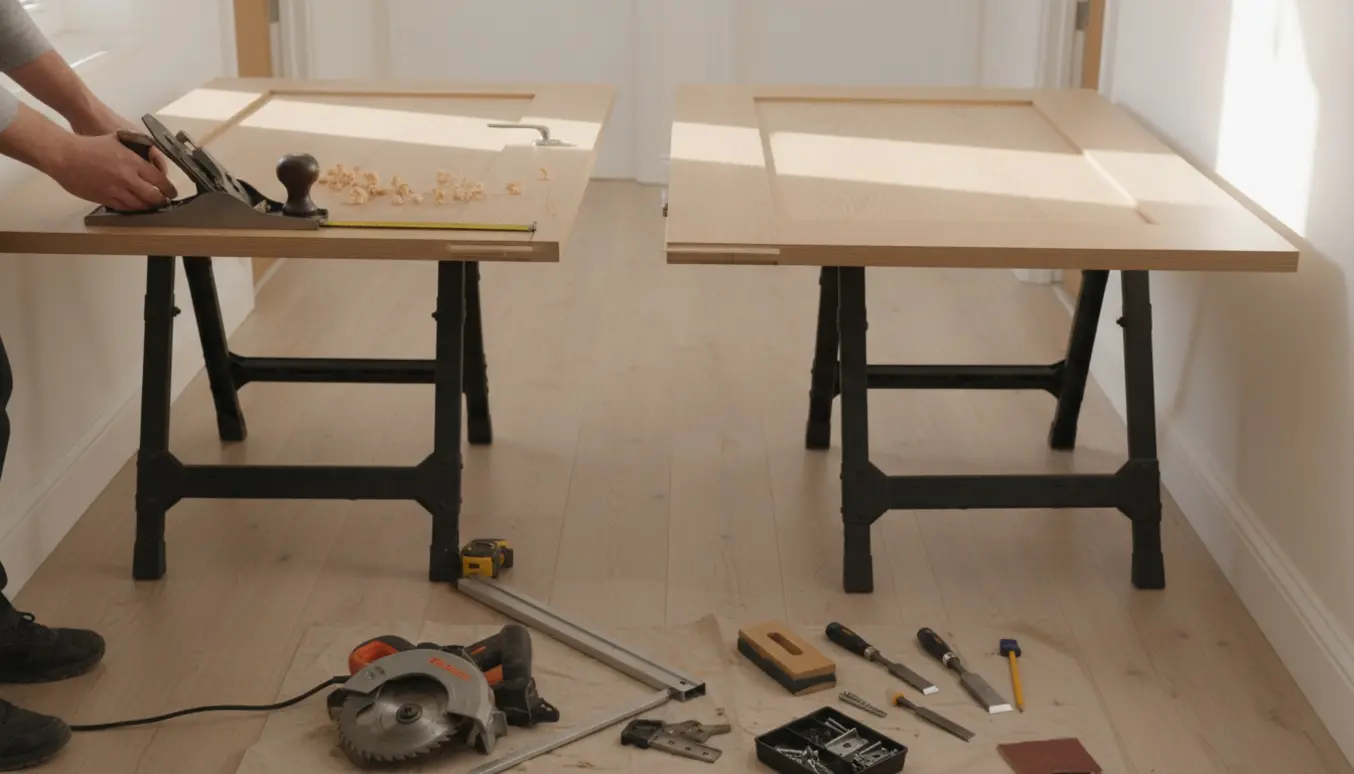 To håndværkere høvler bunden af tre døre lagt på bukke over nyt laminatgulv.