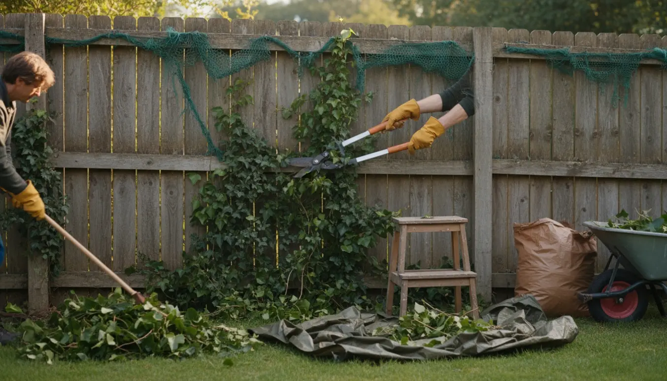 Efeu klippes væk fra et vejrslidt træhegn i haven, med afklippede grene samlet på en presenning.