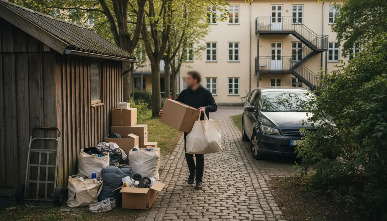 Person uden synligt ansigt bærer kasser og stofposer fra en kolonihave mod en parkeret bil, med tralle og stak kasser i baggrunden.