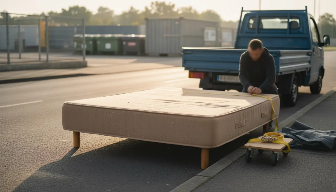 Boxmadras med ben står ved kantsten klar til afhentning til genbrugsplads.