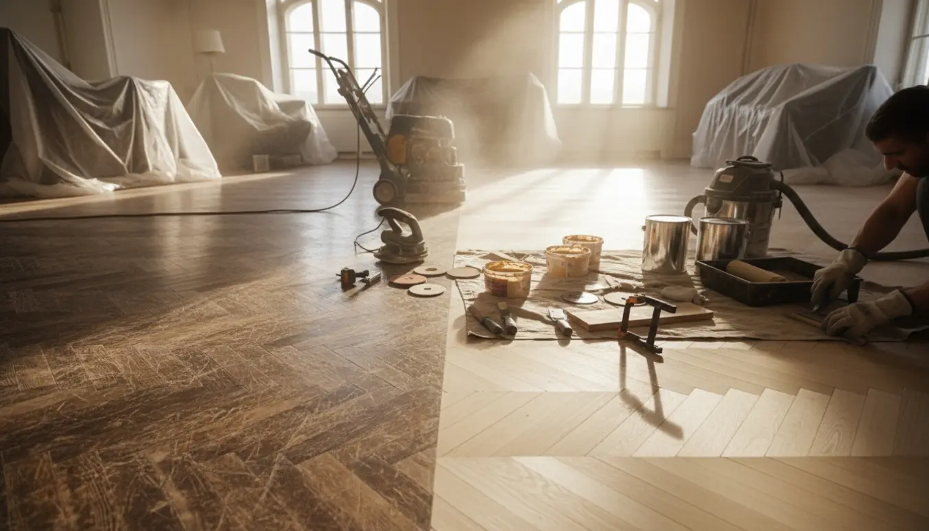 Renovering af gammelt parketgulv med slibning, reparation og lakering i et solbelyst rum.