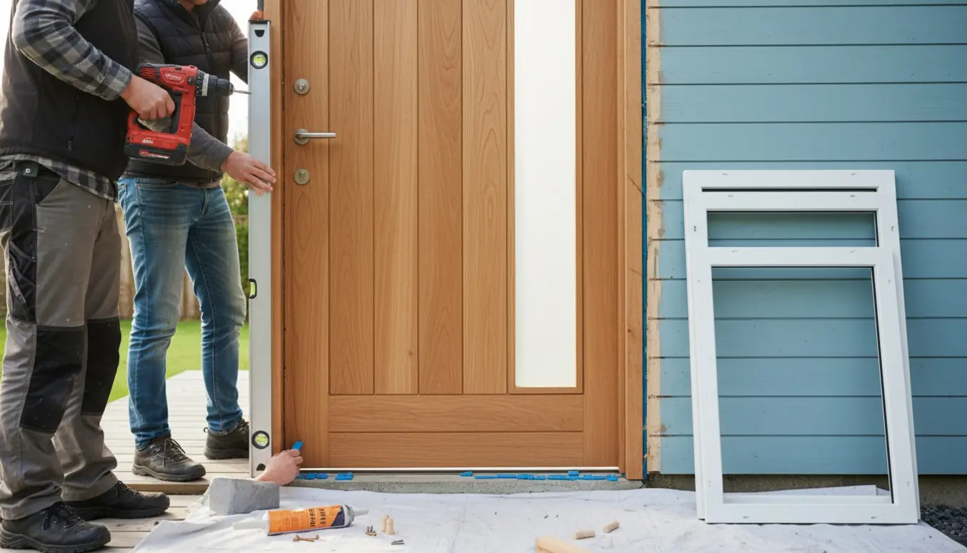 Håndværker og husejer monterer en ny hoveddør med sideparti og flere vinduesrammer, mens værktøj og materialer ligger klar.