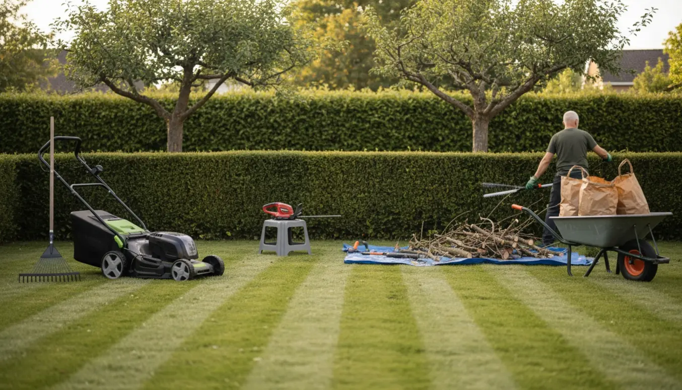 Nyklippet græs med en nytrimmet 2 m hæk, beskårne træer og en trillebør fyldt med haveaffald.