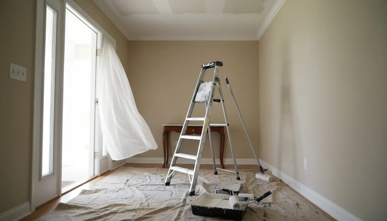 Lille entre med nyligt påført loftsmaling, stige, loftrulle og afdækket gulv.