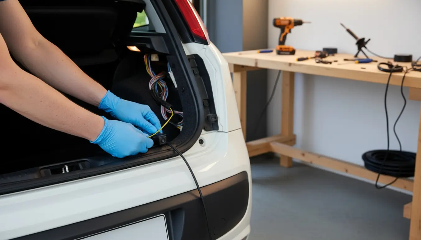 Montering af bakkamera på bagsiden af en Fiat Punto Evo 2009 med åbent bagagerum og værktøj.