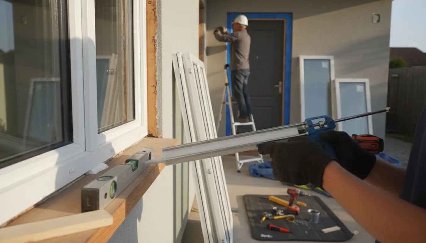 Håndværker monterer nye vinduer og en hoveddør, tæt på værktøj og tætningsarbejde i dagslys.