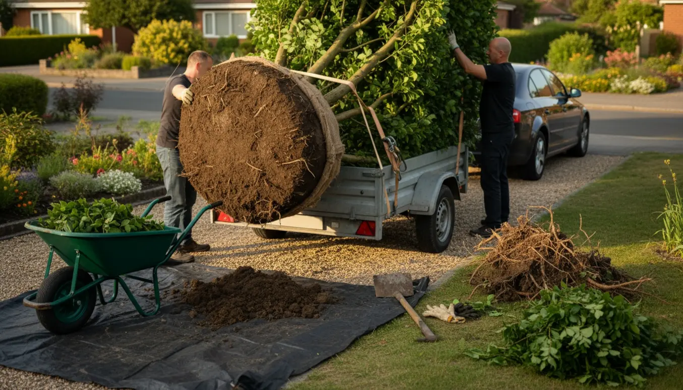 Udgravede bøgehæk-rødder i jutepose læsses på en åben trailer i en forstadshave.