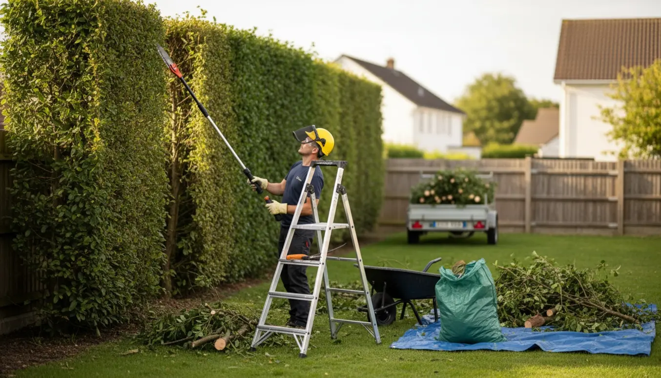 Person trimmer hæk ved skel med værktøj og bunker af afskårne grene klar til bortskafning.