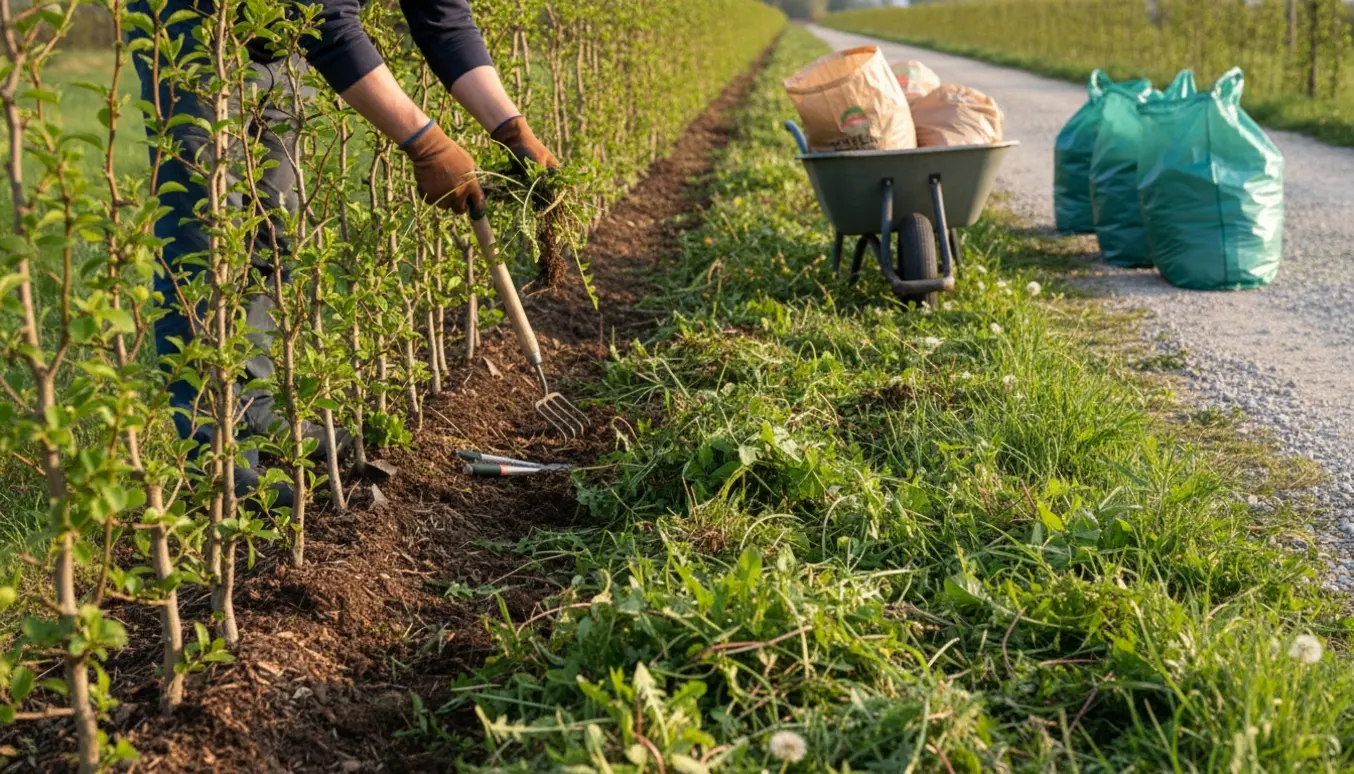 Havearbejde ved en nyplantet hæk med handsker og haveredskaber, hvor tæt ukrudt fjernes og fyldte affaldssække står klar.