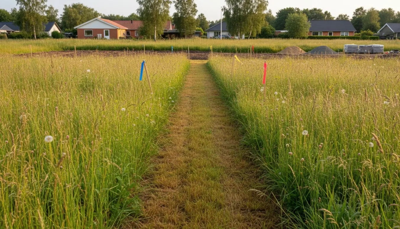Højt græs på en byggegrund i Dyrup med en nyligt slået smal stribe og byggeafmærkninger i baggrunden.