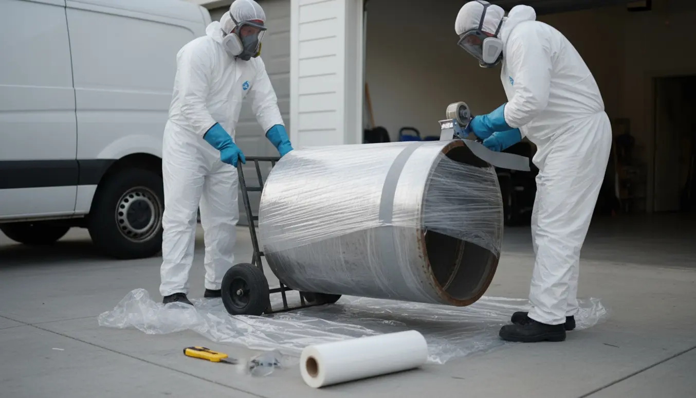 Beskyttede hænder pakker en intakt afmonteret strygerulle ind på plastik til sikker bortskaffelse.