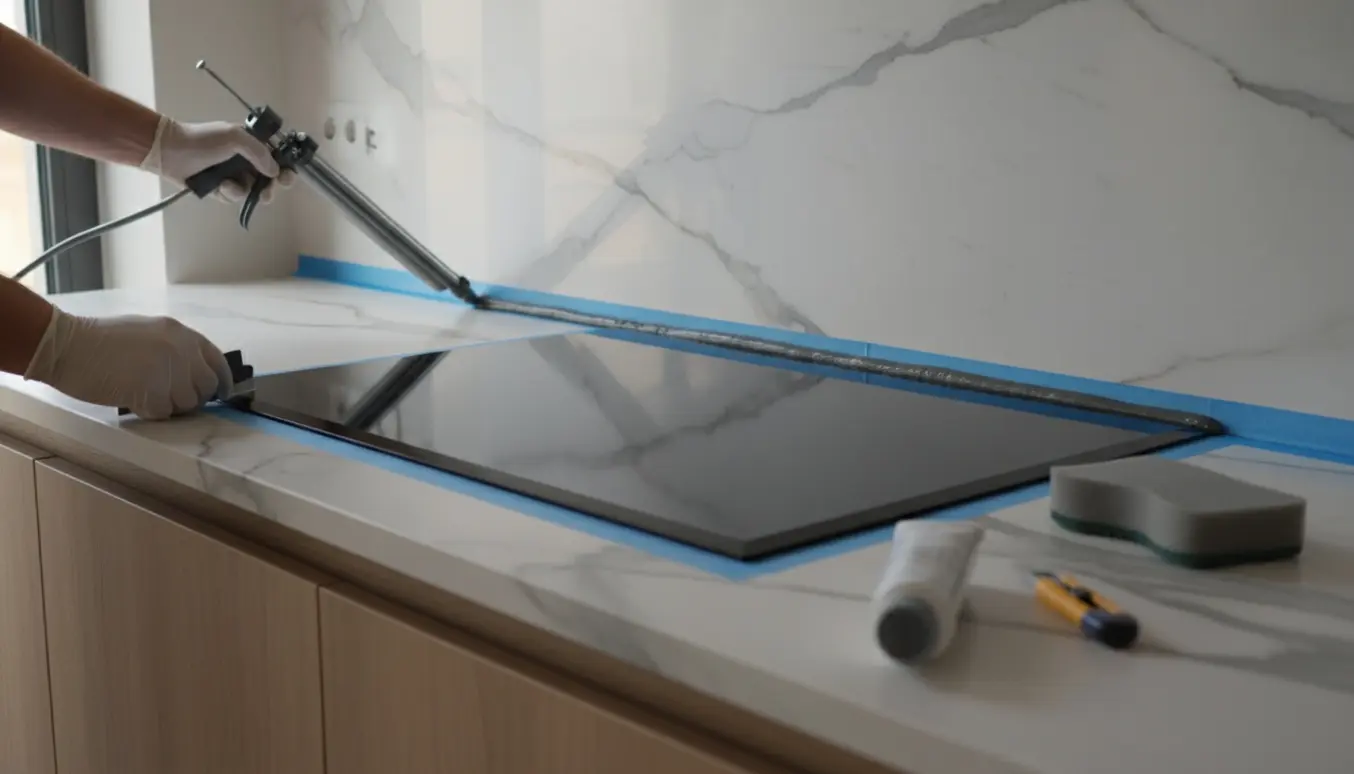 Nærbillede af marmorbordplade med grå fuge mod bagvæggen og sort fuge omkring en indbygget kogeplade på en køkkenø.