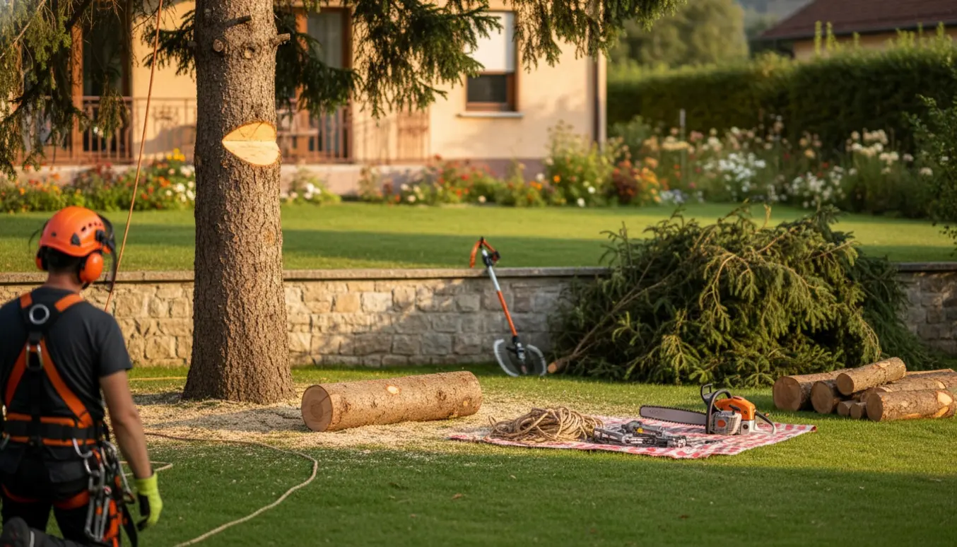 Højt grantræ i en villahave bliver sektioneret tæt ved en læmur med save, reb og stakke af træstykker på græsset.
