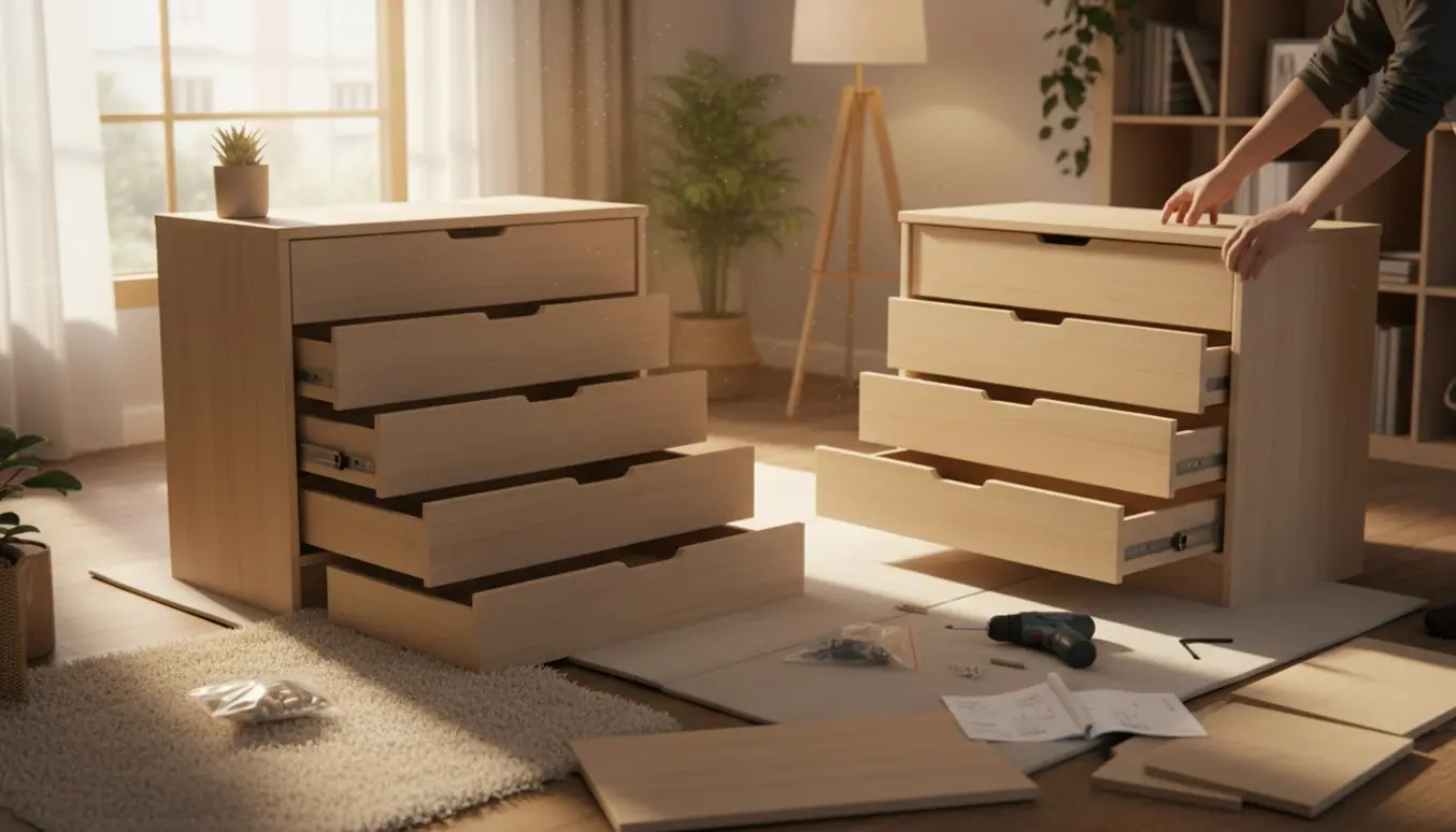 To seks-skuffers kommoder under montering i stue med skruer og værktøj, hænder i arbejde.