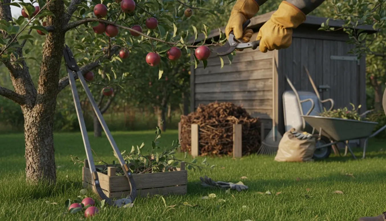 Hænder beskærer et æbletræ ved en kompostbunke ved et skur, med nedfaldne æbler og en trillebør i baggrunden.
