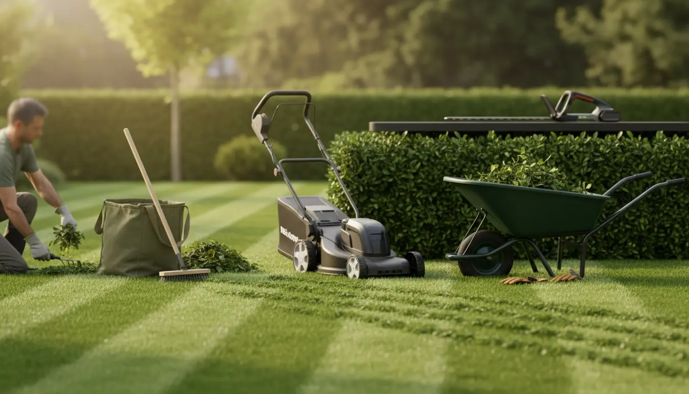 Solrig have med nyligt slået græs, samlet ukrudt og en nyskåret hæk.