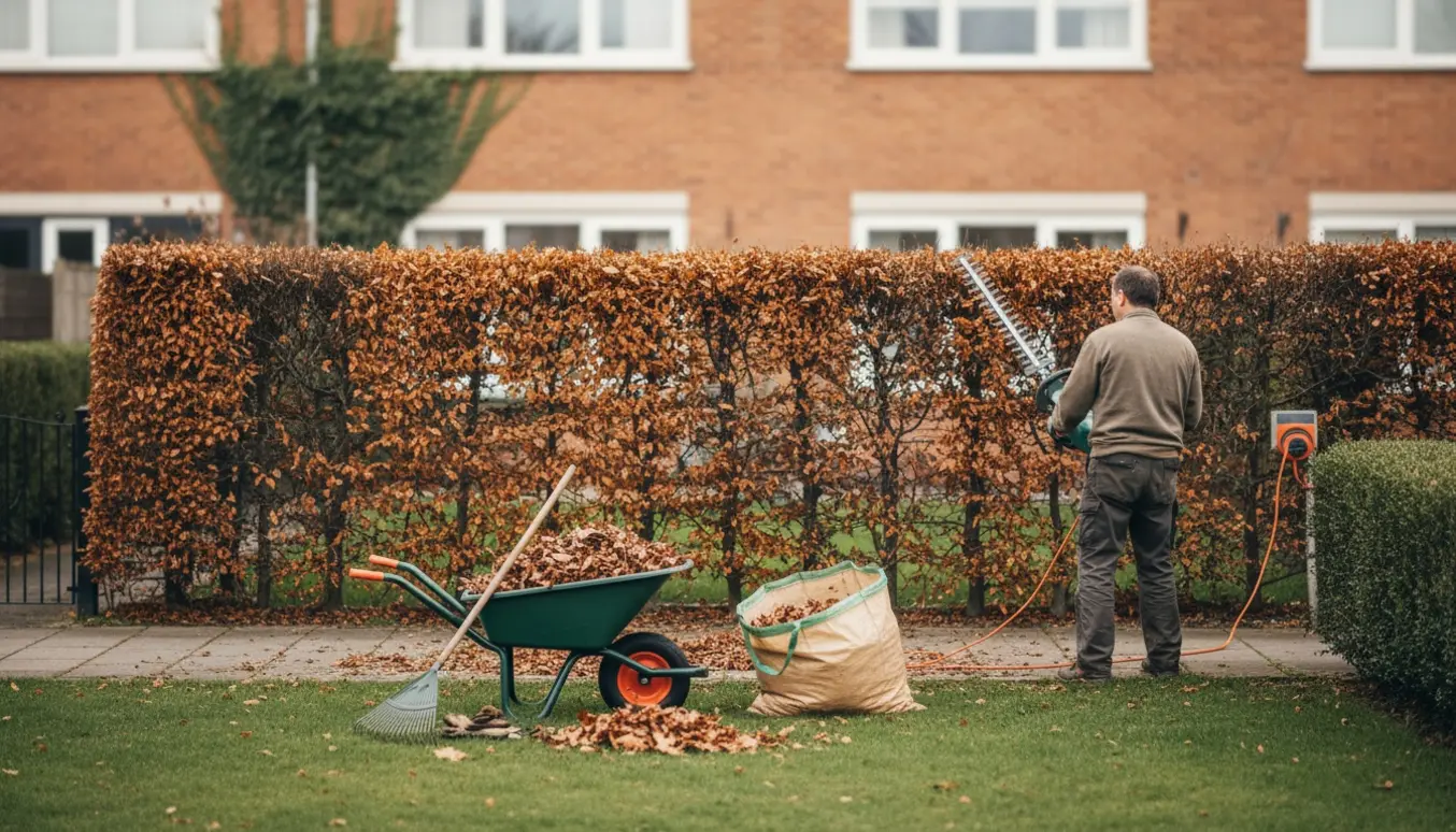 Bøgehæk ved enderækkehus klippes med elektrisk kabelhækkeklipper, med opsamlet hækafklip i trillebør.