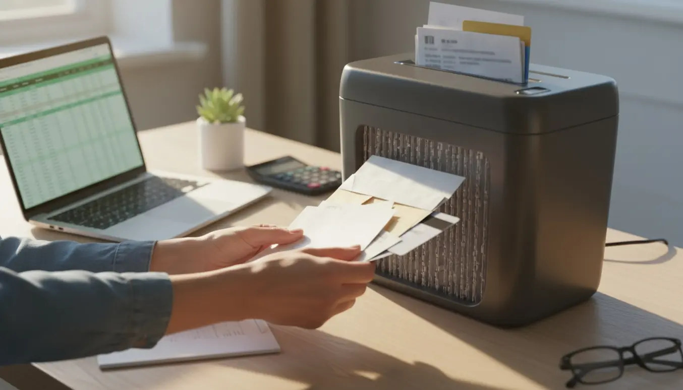 Hænder fører økonomiske dokumenter ind i en makulator på et lyst, ryddeligt skrivebord.