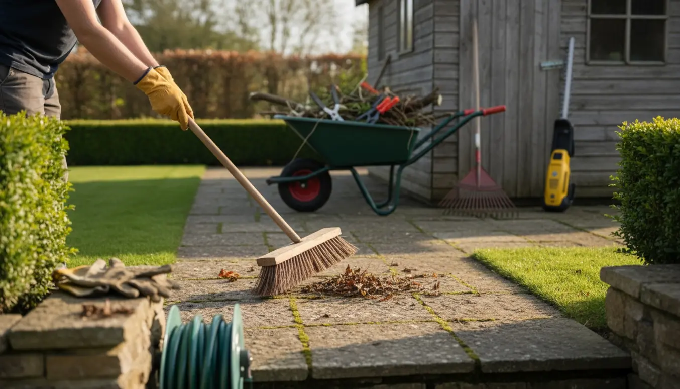 Haveredskaber og handsker ved fejede fliser og nyklippet hæk i en ryddet have.