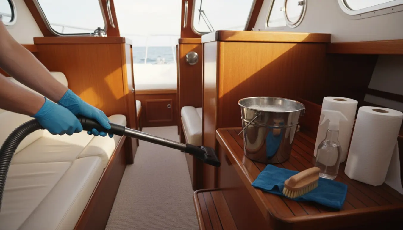 Rengøring af en velholdt bådinteriør med støvsuger, klude og spand i naturligt dagslys.
