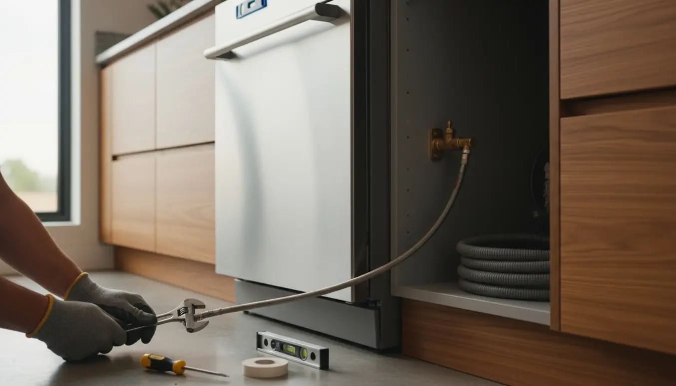 En ny rustfri opvaskemaskine bliver installeret i et køkken, med værktøj og tilsluttede slanger tydeligt vist.