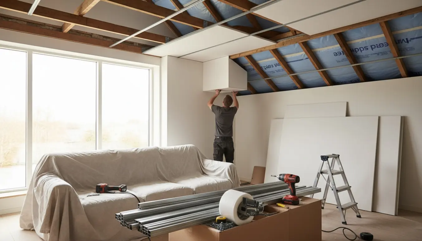 Installatør monterer dampspærre, stålregler og gipsplader i en stue for at skabe et nyt loft mellem spær.