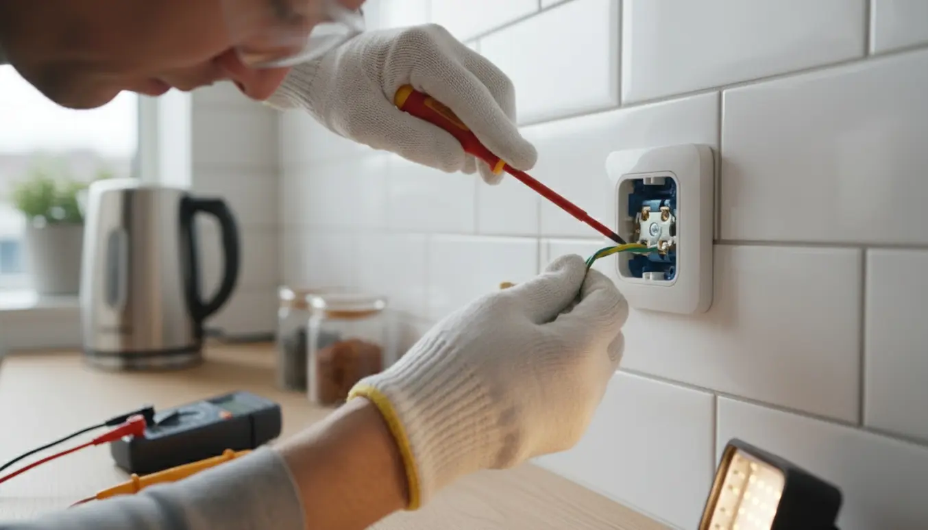 Elektriker forbinder jordleder i en åben køkkenstikkontakt med isoleret skruetrækker, kun hænderne synlige.